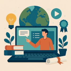 Ilustração digital mostrando pessoas conectadas em dispositivos como notebooks e tablets, representando o aprendizado contínuo online.