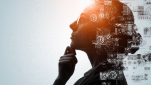 Profissional refletindo sobre ferramentas de IA para produtividade no marketing digital